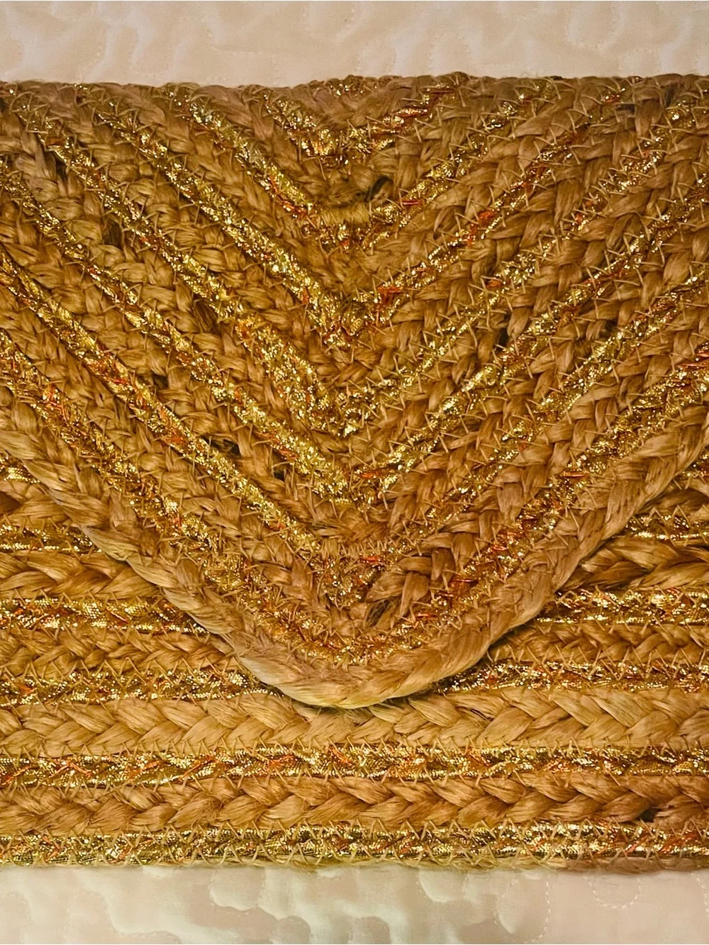 NWOT Fabulous MJ Woven Straw Clutch with Gold Thread Detail : 11” x 6 “